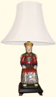 23 inch tall Chinese porcelain lamp: Chinese King statue on rosewood stand. Choice of shade