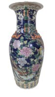 Large 36" Porcelain Vase in Blue Forals with Carvings
