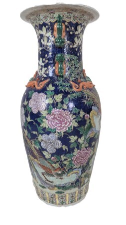 Large 36" Porcelain Vase in Blue Forals with Carvings