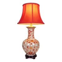 Porcelain Table Lamp in Red and White Coral Pattern with Shade