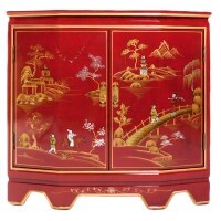 32" W. Tortoise Shell Red Oriental Cabinet with Two Doors, Shelf, Glass top and Hand Painted Landscape