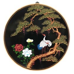 Oriental Wall Panel Hand Painted with Crane and Asian Landscape Design