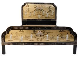  Oriental Gold Leaf Mother of Pearl Palace Bed in Chinese Black Lacquer Queen Size